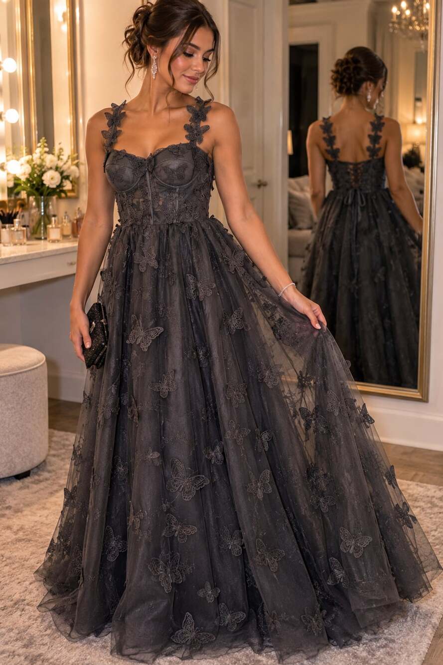 Black Butterfly Tulle Corset Prom Dress w/ Lace Appliques
